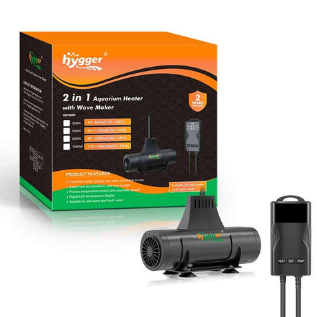 Hygger 2 in 1 Aquarium Heater with Wave Maker features packaging and unit designed for efficient aquarium heating and circulation.