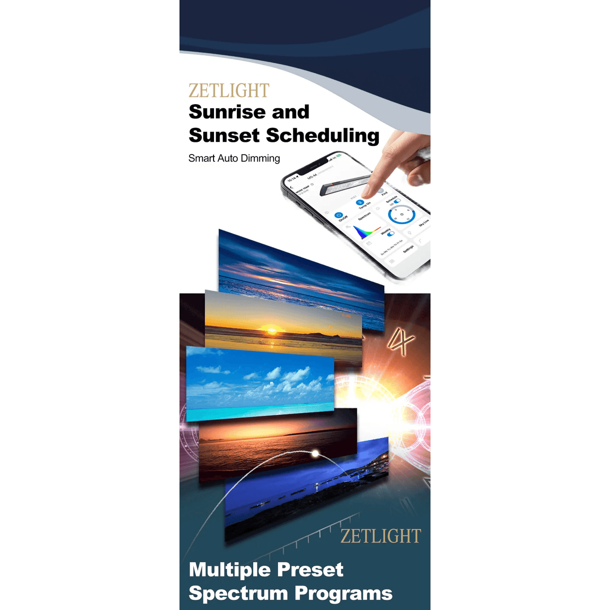 Zetlight M5 Marine LED Light with sunrise and sunset scheduling and smart auto dimming features.