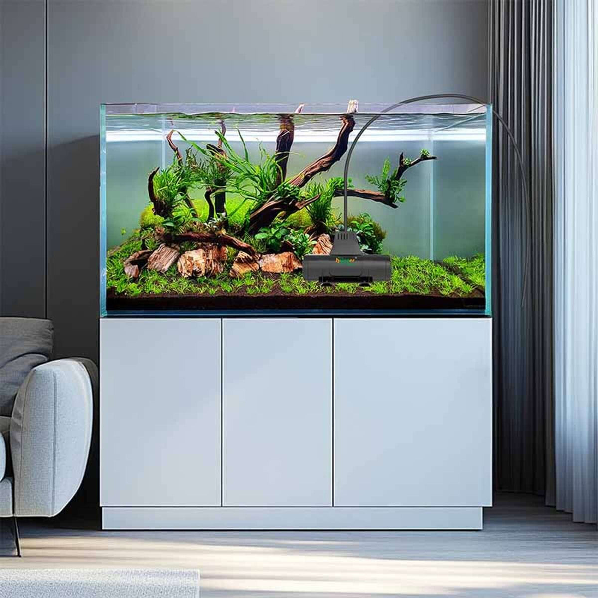 Hygger 2 in 1 Aquarium Heater with Wave Maker in a beautifully planted aquarium.