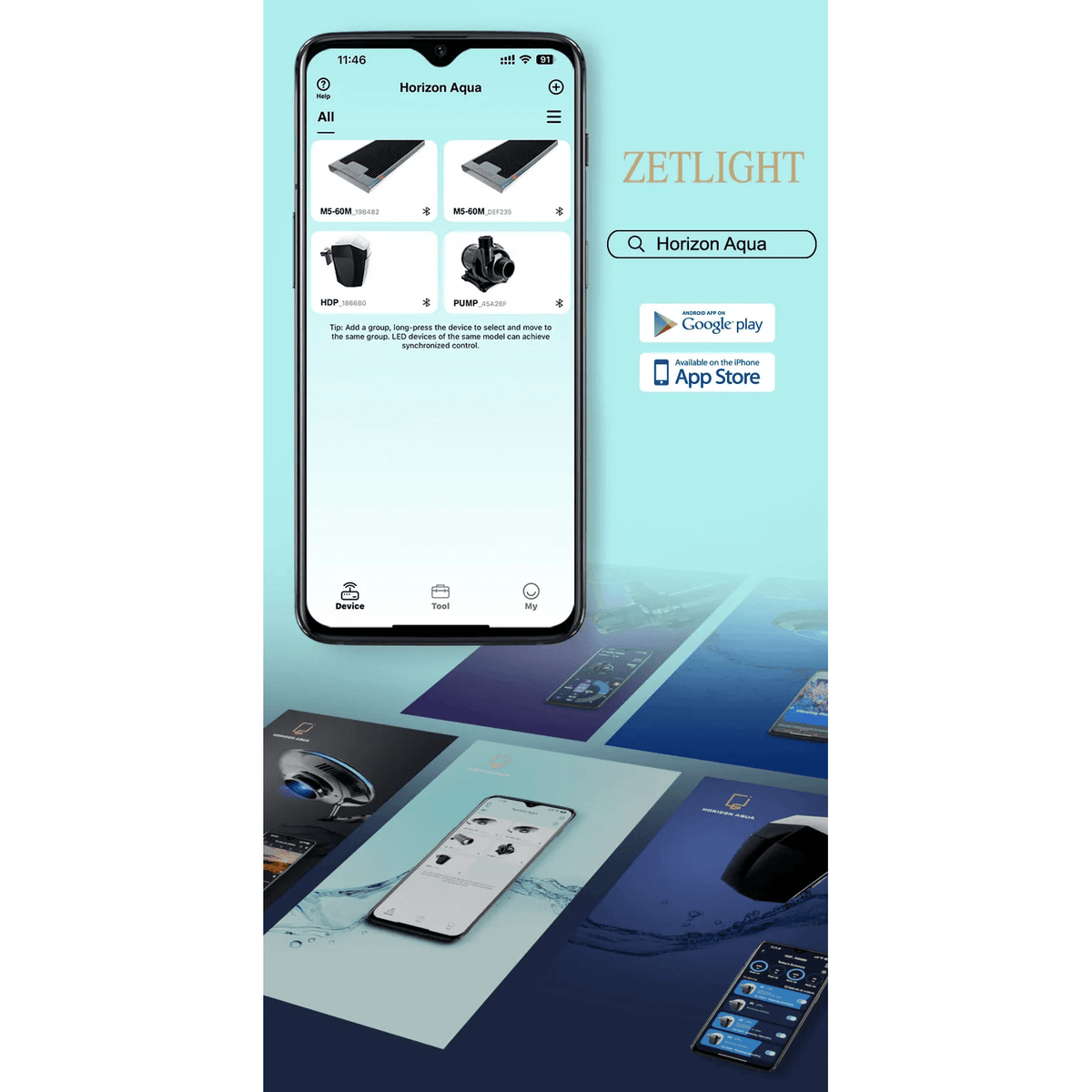 Zetlight M5 Marine LED Light app interface displaying devices and features, with download options for Google Play and App Store.