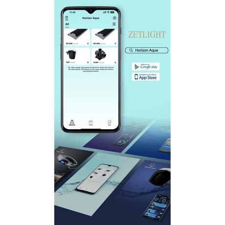 Zetlight M5 Marine LED Light app interface displaying devices and features, with download options for Google Play and App Store.