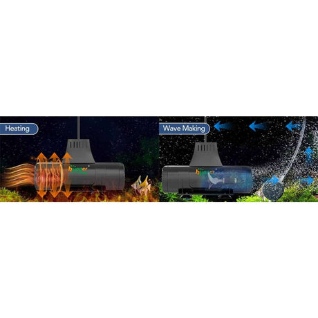 Hygger 2 in 1 Aquarium Heater with Wave Maker showcasing heating and wave making functionalities.