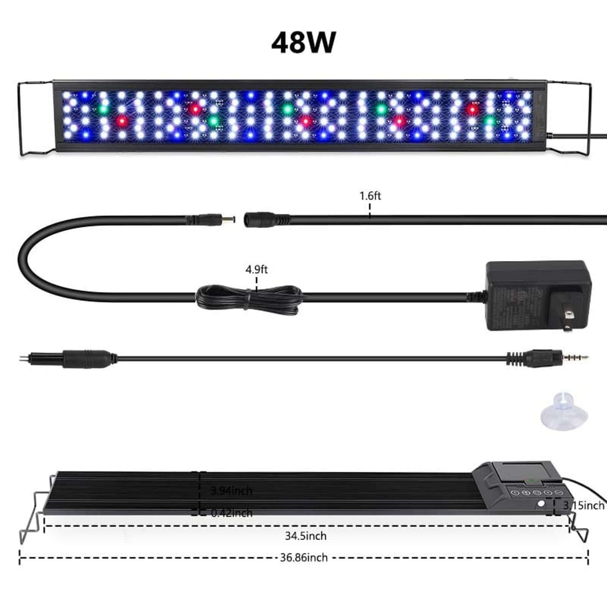 Hygger Aqua Sense Aquarium LED Light showing 48W specifications and components for aquatic lighting solutions.