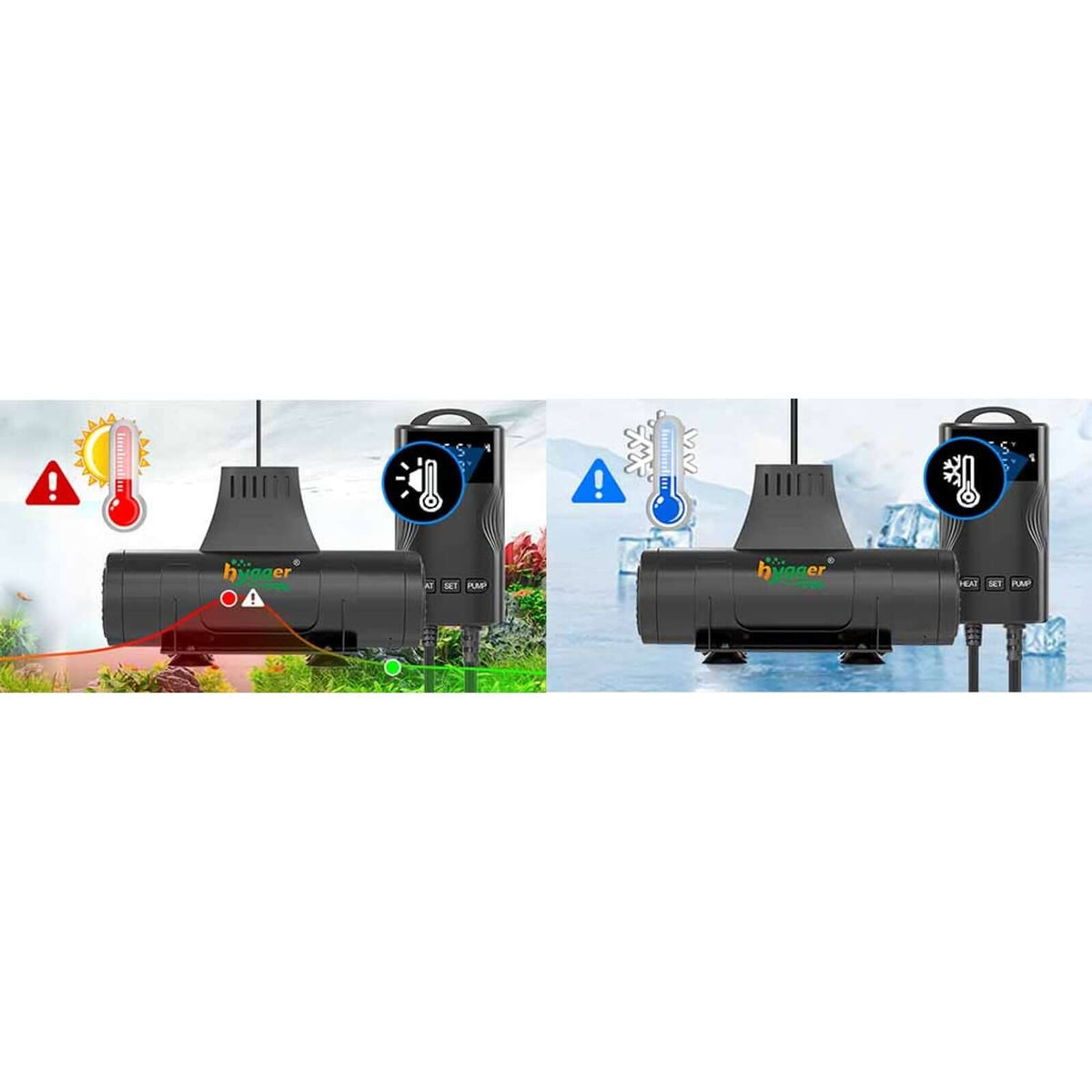 Hygger 2 in 1 Aquarium Heater with Wave Maker displaying heating and cooling functions in aquarium setup.