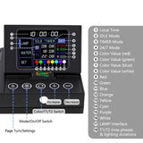 Hygger Aqua Sense Aquarium LED Light control panel showing timer, color values, and settings for water monitoring.
