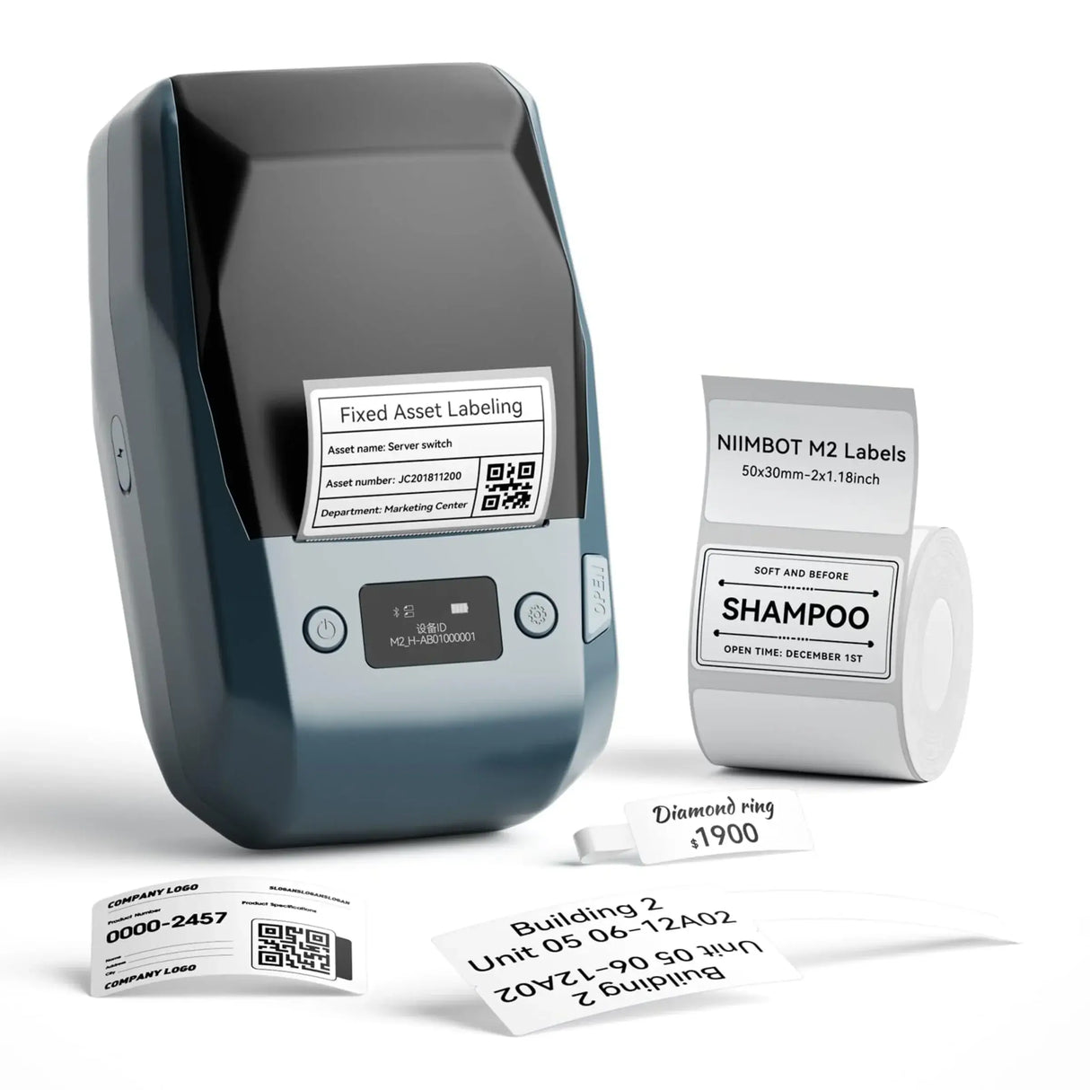 Niimbot M2 Smart Label Printer with various label prints, showcasing high-quality thermal transfer printing.