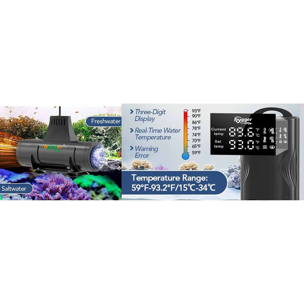 Hygger 2 in 1 Aquarium Heater with Wave Maker displaying three-digit temperature and real-time water temperature features.
