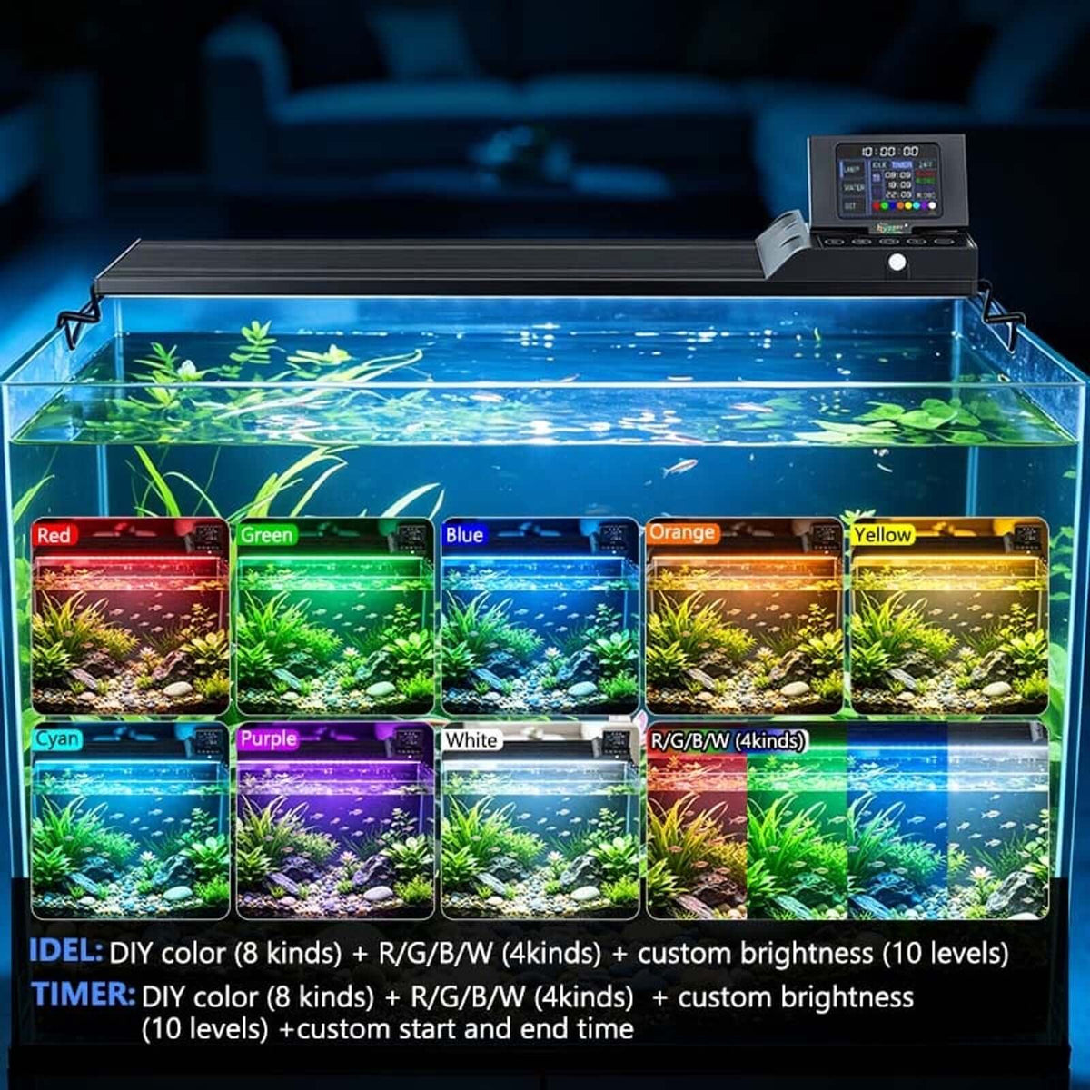 Hygger Aqua Sense Aquarium LED Light showcasing adjustable colors for aquatic plants with TFT display