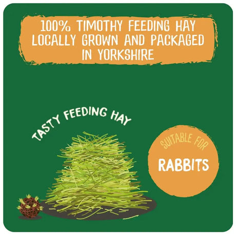 100% Timothy feeding hay suitable for rabbits, locally grown and packaged in Yorkshire, featuring a stack of fresh hay.