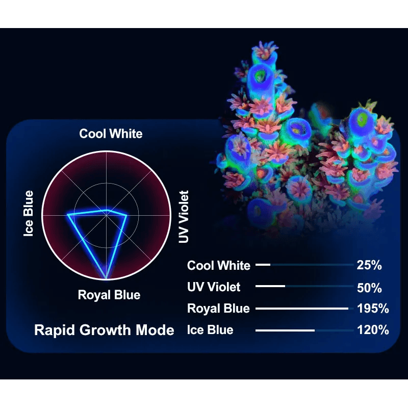 Zetlight M5 Marine LED Light spectrum chart illustrating coral growth and light settings.
