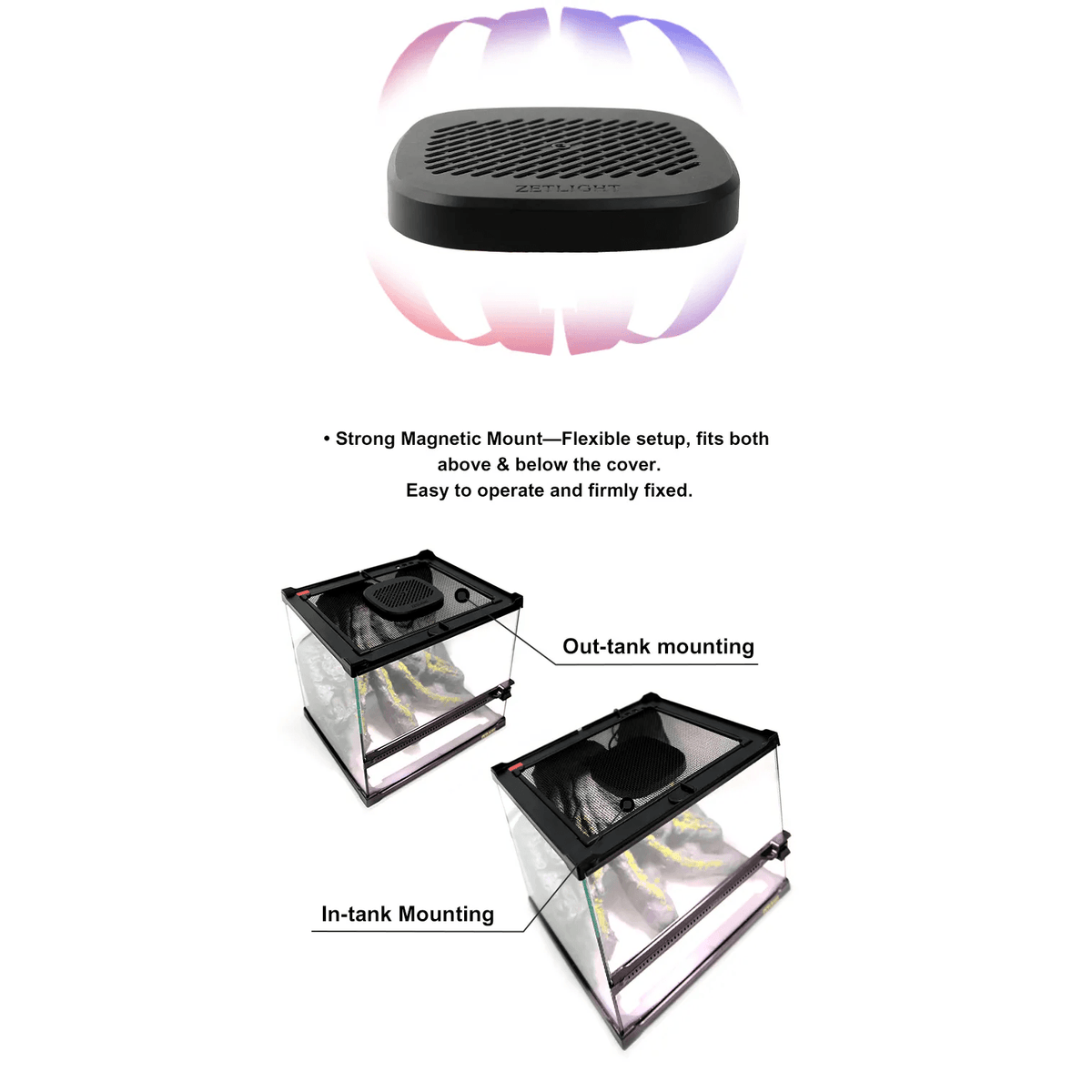 Zetlight Reptile Lamp U1 9W UVA and UVB with strong magnetic mount for flexible installation in enclosures.