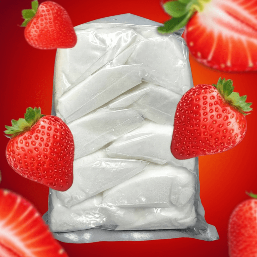 Elaine's Birding Nectar Packs in a clear bag with strawberries on a vibrant red background for essential bird energy.