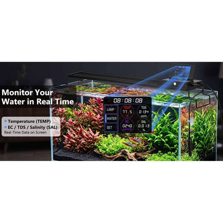 Hygger Aqua Sense Aquarium LED Light displaying real-time water monitoring data on a freshwater aquarium.