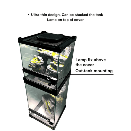 Zetlight Reptile Lamp U1 9W UVA and UVB placed above a stacked, ultra-thin reptile tank with visible rocks.