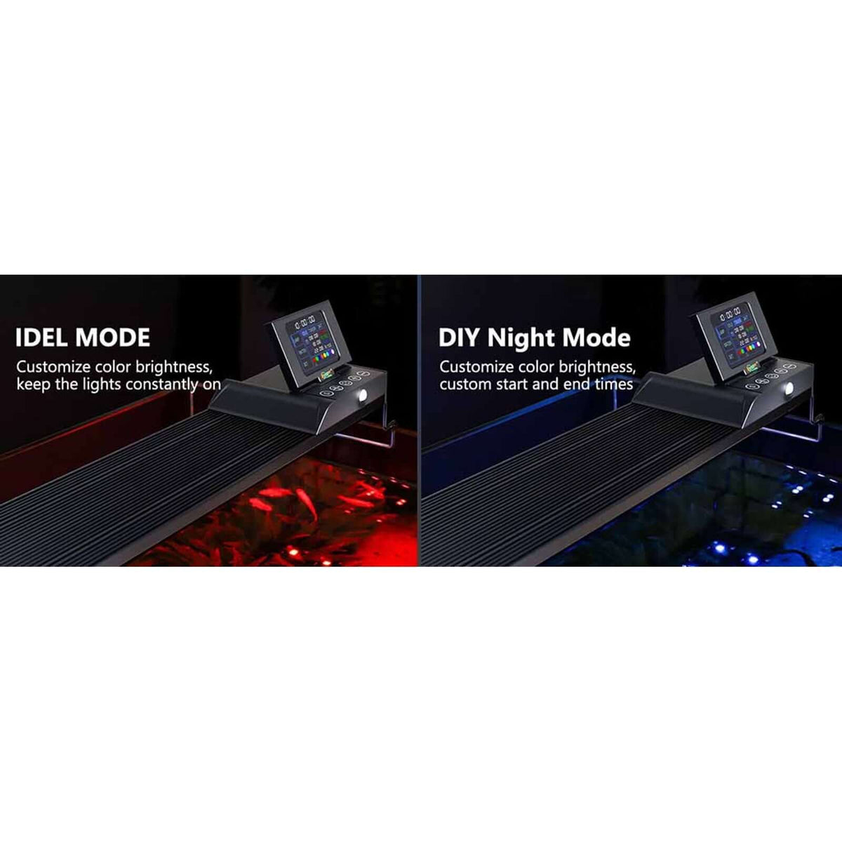 Hygger Aqua Sense Aquarium LED Light displaying idle and DIY night modes for customizable brightness
