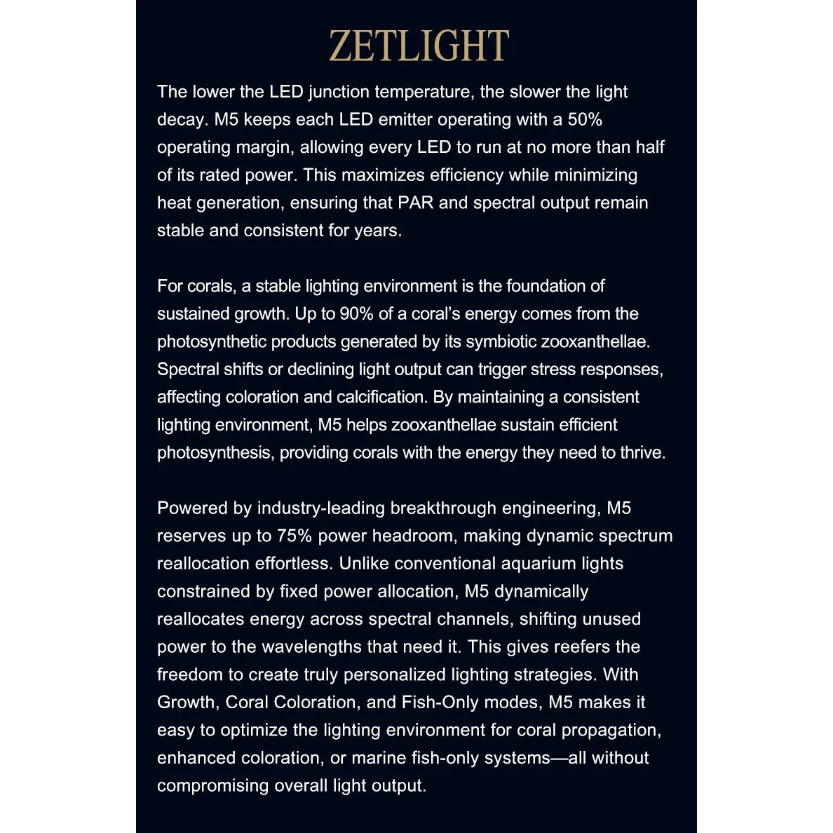 Zetlight M5 Marine LED Light features advanced engineering for optimal coral growth and customizable aquarium lighting.