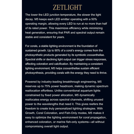 Zetlight M5 Marine LED Light features advanced engineering for optimal coral growth and customizable aquarium lighting.