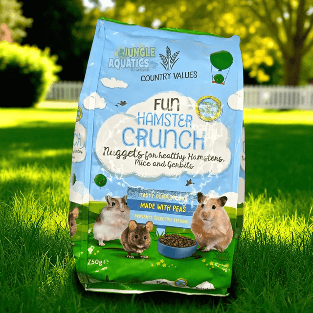 Burgess Country Values Fun Hamster Crunch 750g bag for healthy hamsters, mice, and gerbils with pea nuggets.