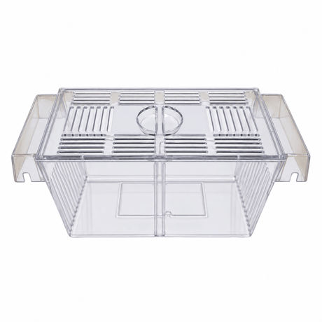 2 in 1 Breeding Trap for secure fish breeding in aquariums, featuring a transparent design and ventilation slits.