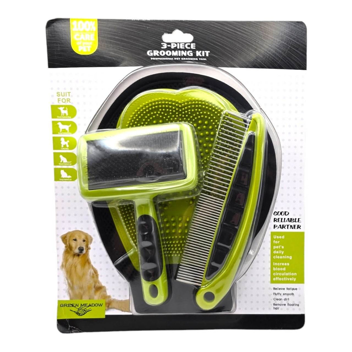 3 Piece Pet Grooming Kit packaging with combs for dogs and cats, promoting a healthy, shiny coat and versatile grooming.