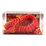 3D Printed Dragon toy in a clear display case, vibrant colors, approx size 1.5 x 20cm long.