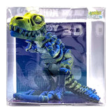 3D Printed T-Rex toy displayed in packaging with vibrant colors and intricate details, approx size 5 x 6cm.