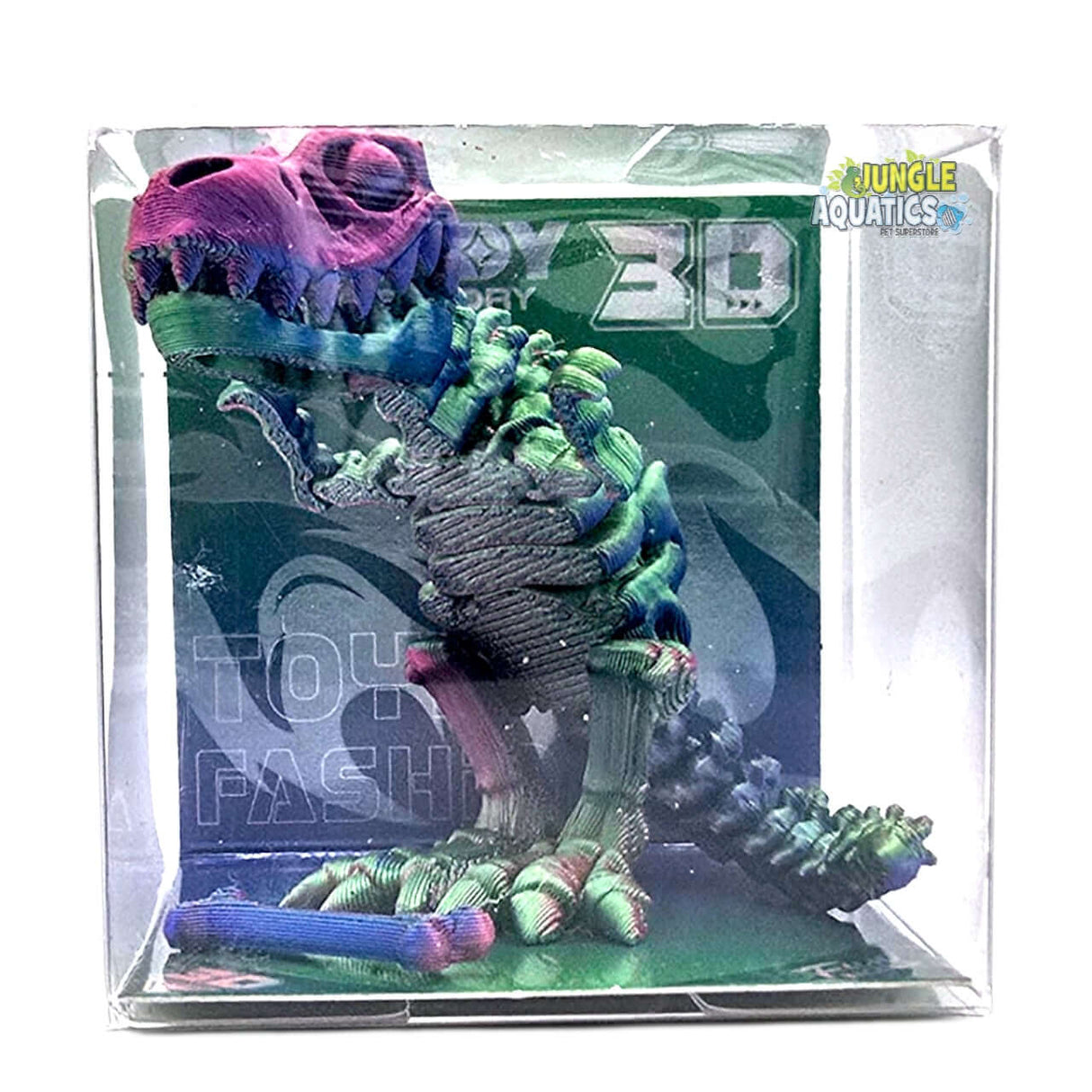 3D Printed T-Rex displayed in packaging, colorful flexi toy, approx size 5 x 6cm.