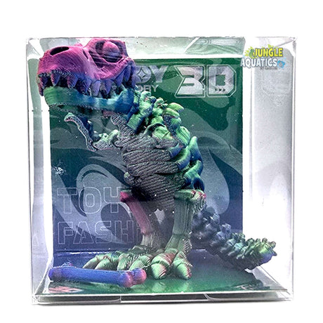 3D Printed T-Rex displayed in packaging, colorful flexi toy, approx size 5 x 6cm.