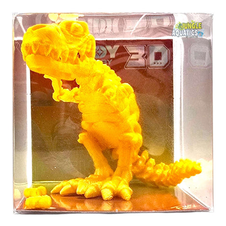 3D Printed T-Rex flexi toy, bright yellow color, 5 x 6 cm, displayed in packaging.