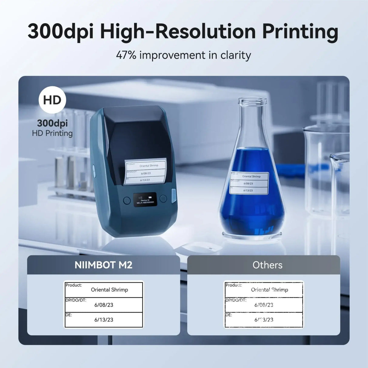 Niimbot M2 Smart Label Printer showcasing 300dpi HD printing clarity comparison with standard labels.