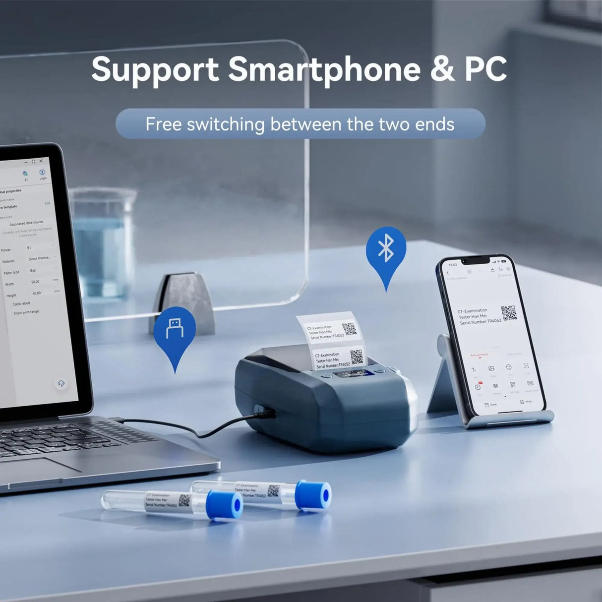 Niimbot M2 Smart Label Printer supporting smartphone and PC connectivity with QR code labels.