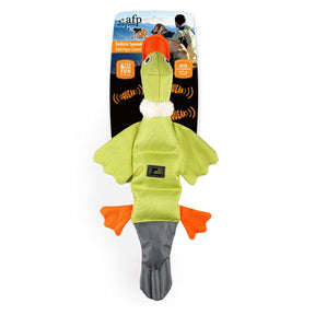 AFP Outdoor Ballistic Quack Duck dog toy, light green duck with orange feet, squeaky sound, interactive fun.