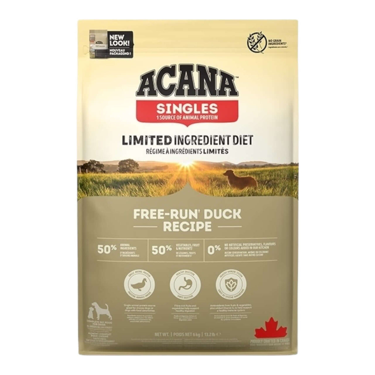 ACANA Singles Free-Run Duck Dog Food bag featuring a limited-ingredient diet for all dog breeds and life stages.