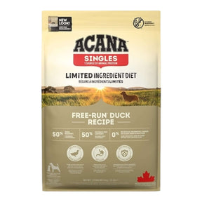 ACANA Singles Free-Run Duck Dog Food bag featuring a limited-ingredient diet for all dog breeds and life stages.