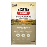 ACANA Singles Free-Run Duck Dog Food bag, limited ingredient diet for diet-sensitive dogs of all breeds and life stages.