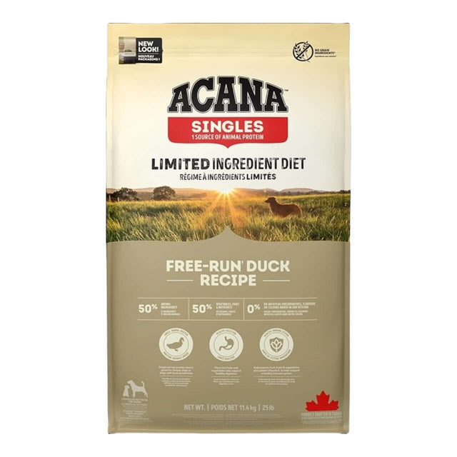 ACANA Singles Free-Run Duck Dog Food bag, limited ingredient diet for diet-sensitive dogs of all breeds and life stages.