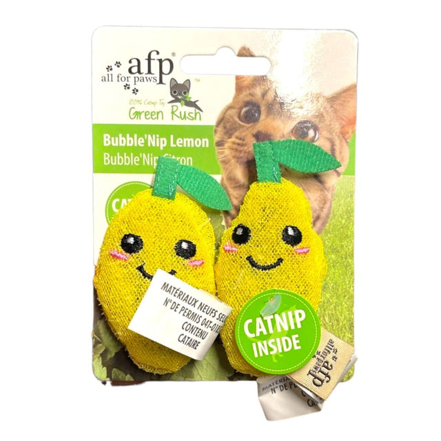 AFP Green Rush Bubble Nip Lemon Cat Toy featuring two lemon-shaped catnip toys with cute faces and green leaves.
