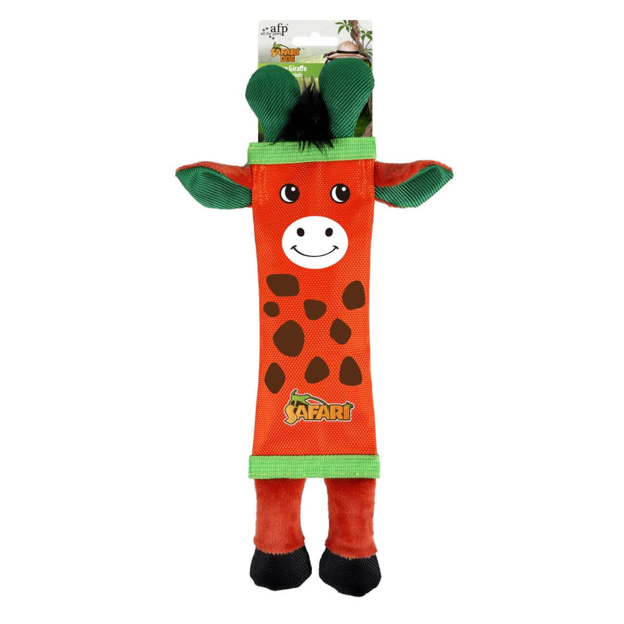 AFP Dog Safari Firehose Giraffe plush toy featuring a smiling giraffe design with orange body and green accents.