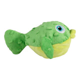 AFP Bouncy Sealife Toy plush green fish with textured spikes and rubber ball inside, perfect for dogs to fetch and cuddle.