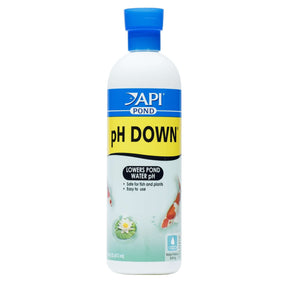 API Pond PH Down 473ml bottle for lowering pond water pH, safe for fish and plants, easy to use.