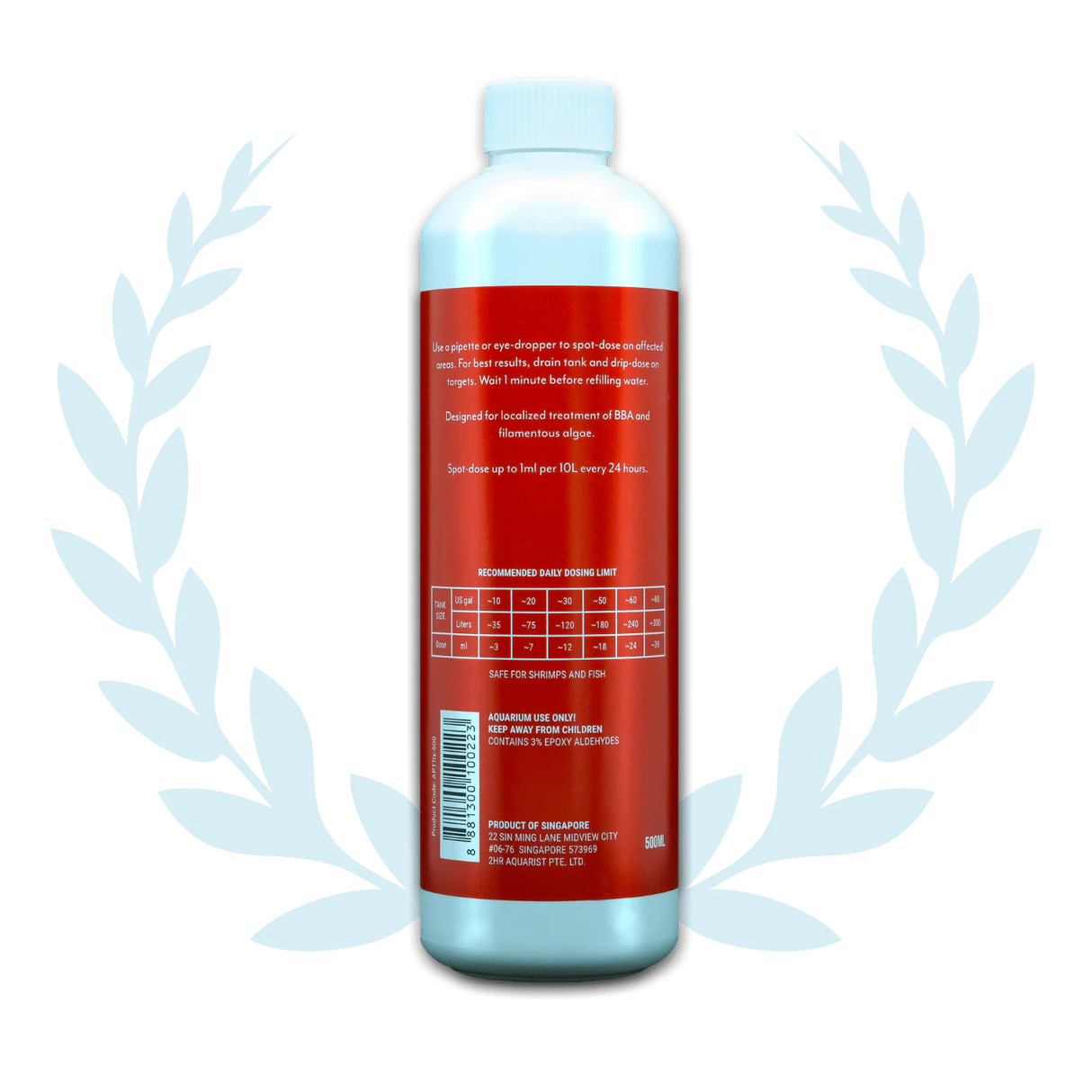 APT Fix Algae Treatment bottle back view with recommended dosage and instructions, safe for aquatic life.
