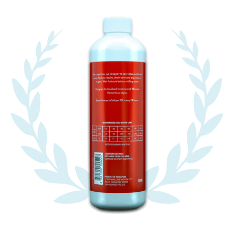 APT Fix Algae Treatment bottle back view with recommended dosage and instructions, safe for aquatic life.