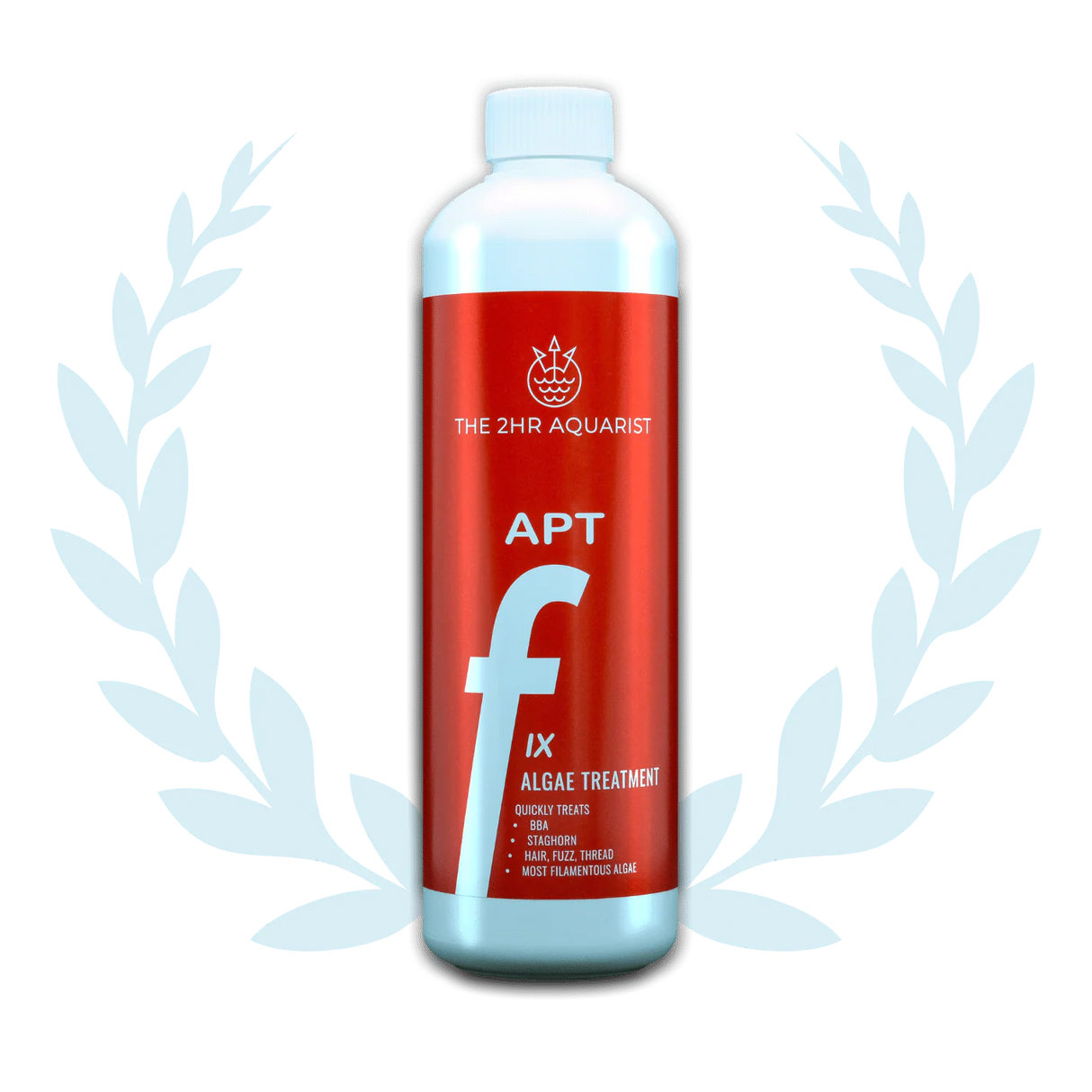 APT Fix Algae Treatment bottle surrounded by decorative laurel, an effective spot treatment for various algae types.