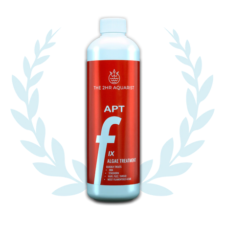 APT Fix Algae Treatment bottle surrounded by decorative laurel, an effective spot treatment for various algae types.