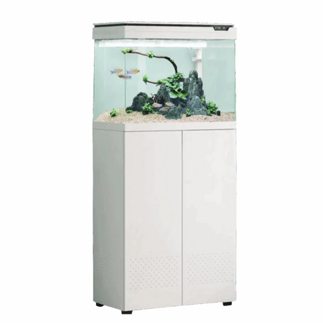 Sun Sun Aquarium XE-600 - 70L and Cabinet White with aquatic setup and decorative elements.