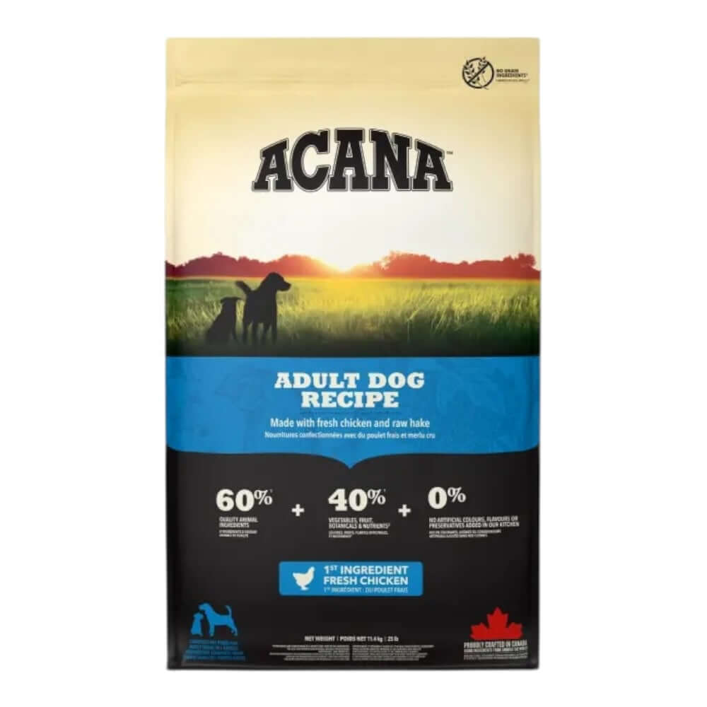 Acana Adult Dog Recipe Dry Dog Food 17kg packaging featuring fresh chicken and raw hake ingredients.