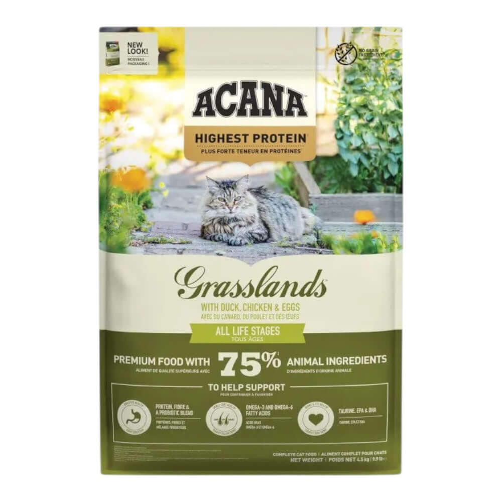 Acana Highest Protein Grasslands Dry Cat Food 1.8kg packaging with cat and natural ingredients.