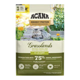 Acana Highest Protein Grasslands Dry Cat Food 1.8kg packaging with cat and natural ingredients.