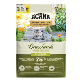 Acana Highest Protein Grasslands Dry Cat Food 1.8kg packaging with cat and natural ingredients.