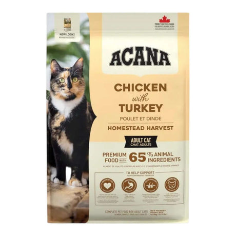 Acana Homestead Harvest Chicken and Turkey Adult Dry Cat Food 65% animal ingredients premium cat food packaging